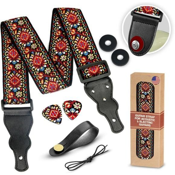 Guitar Strap Red Embroidered Adjustable with Strap Locks Picks Pick Pocket - Picture 1 of 7